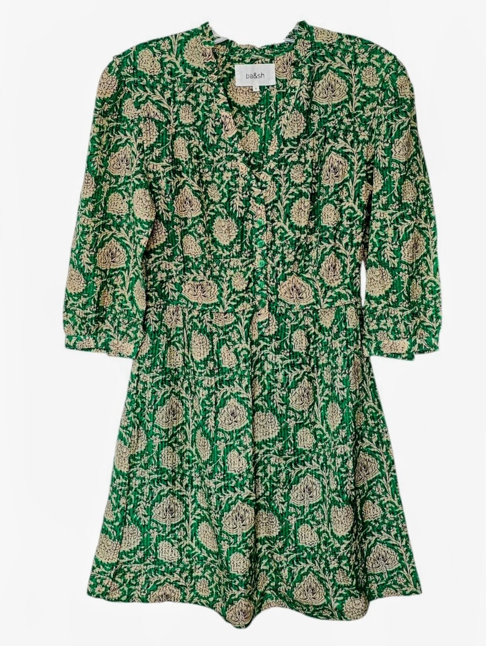 ba&sh Paz Green Tan Floral Garden Print Lady Dress Half Sleeve Mini Dress size 0 - Picture 5 of 16